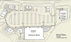 Map of an existing Retail Plaza on 10 acres offering 100,000 square feet of retail space